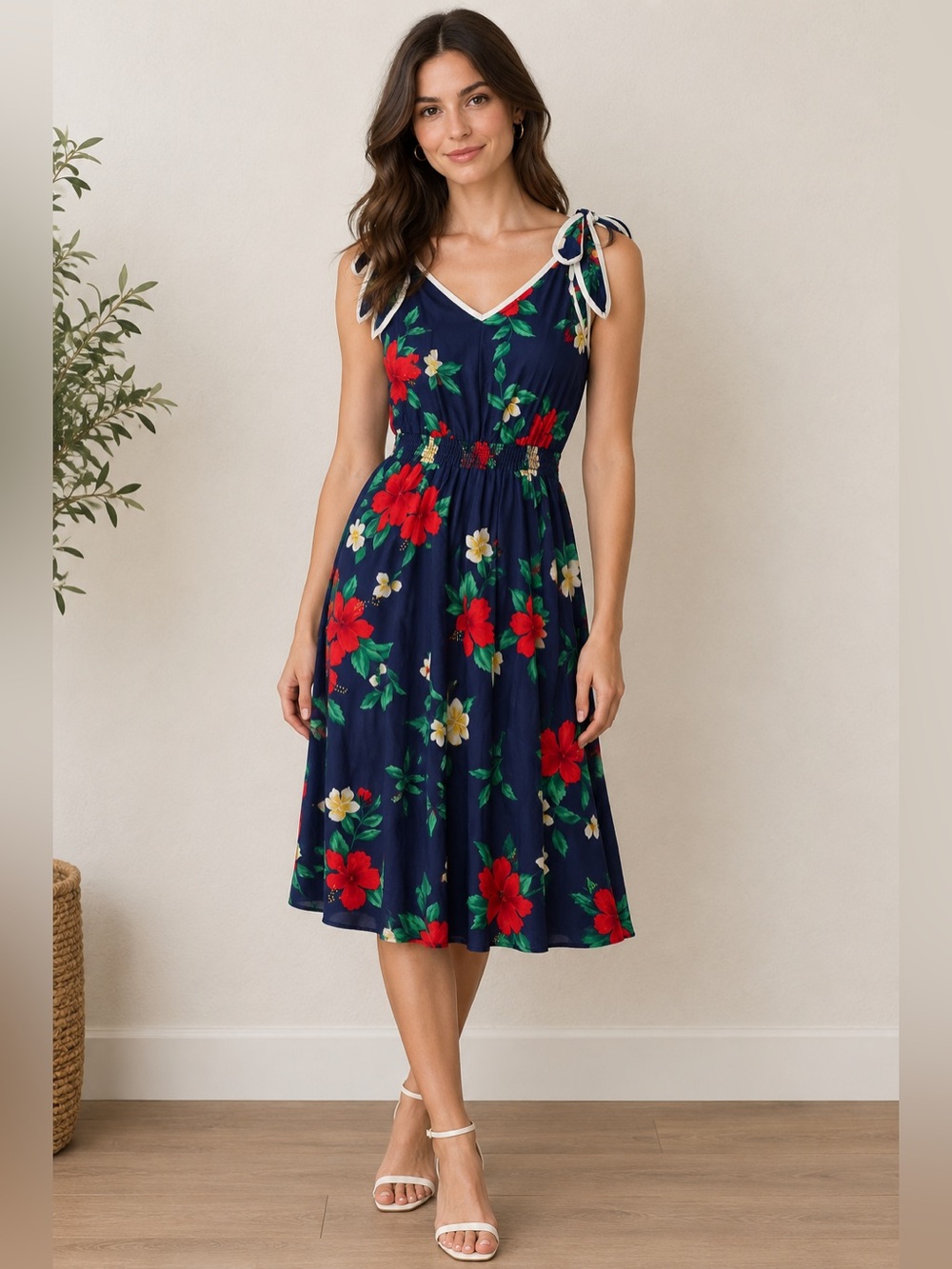 Royal Creations Hawaii Navy Floral Tie-Shoulder Midi Dress